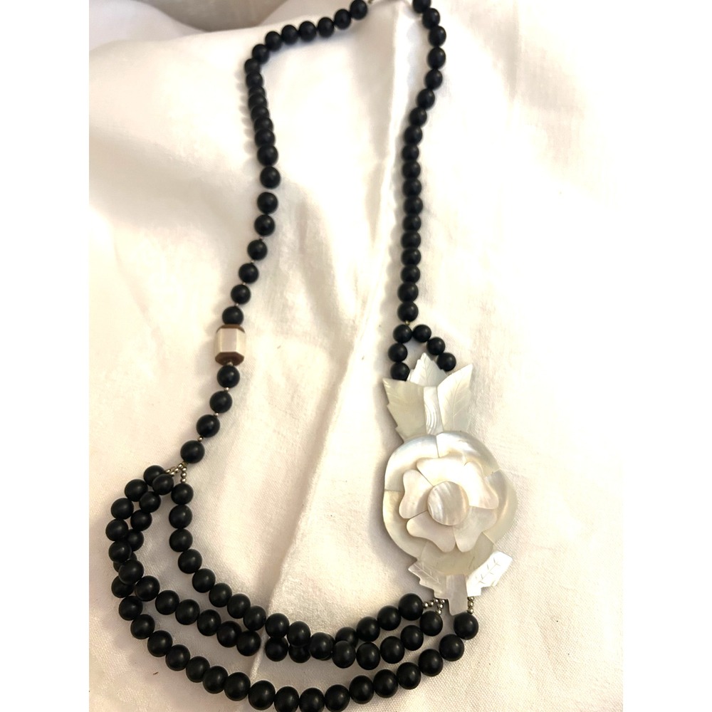Black beaded Large Mother of Pearl like Flower Statement Necklace